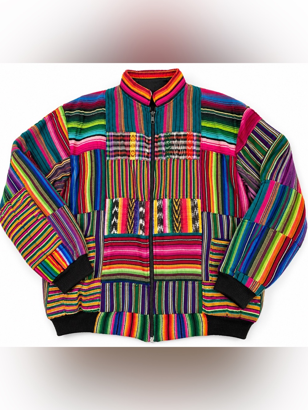Vintage Guatemalan Patchwork Jacket Rainbow Striped Boho Hippie Festival